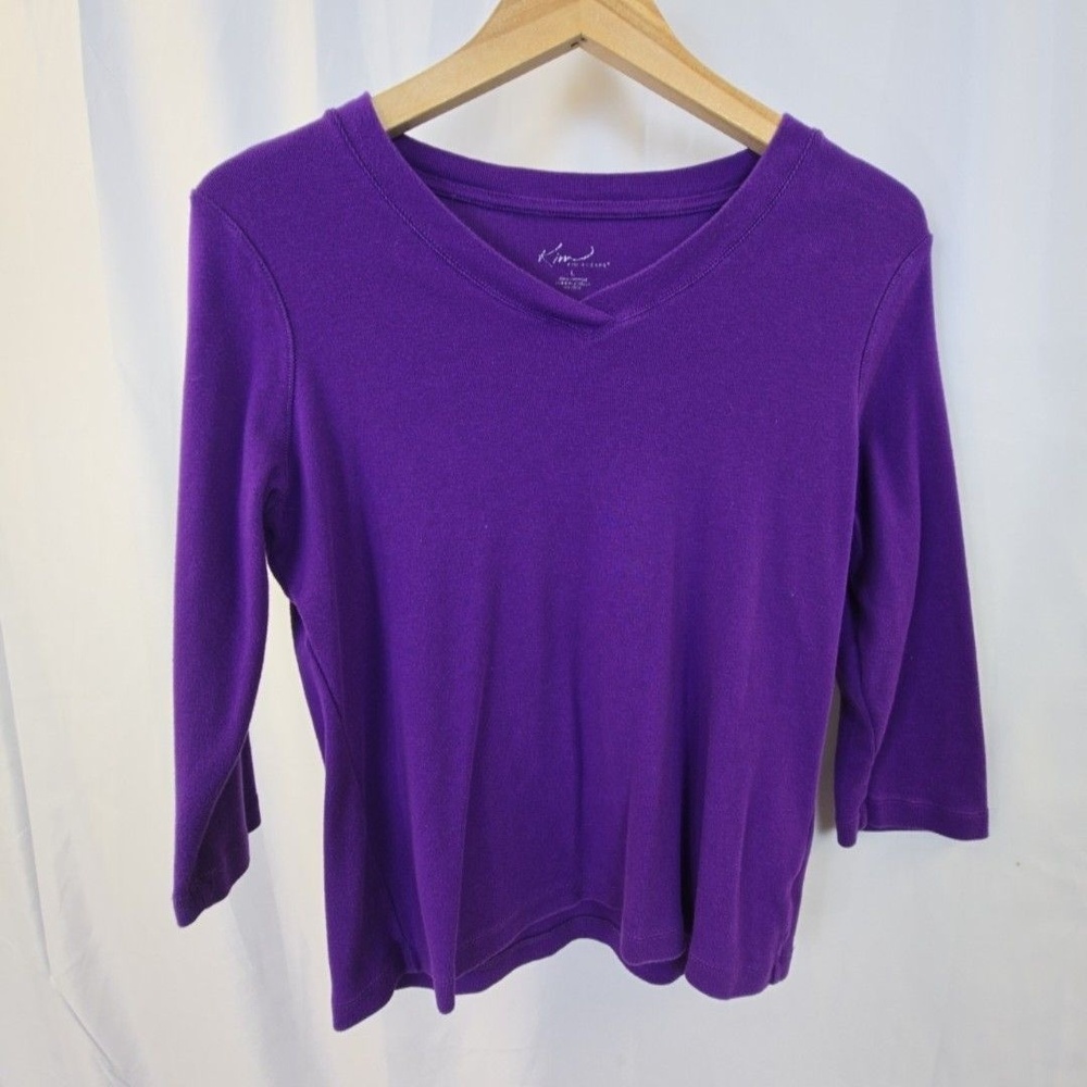 Kim Rogers Shirt Womens Large Purple V Neck 3/4 Sleeve Cotton Tee Top Basic